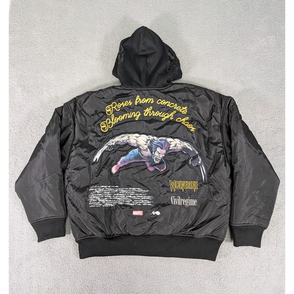 Marvel Wolverine Jacket Mens Large Black Civil Regime‎ Hero Elite Hooded Bomber